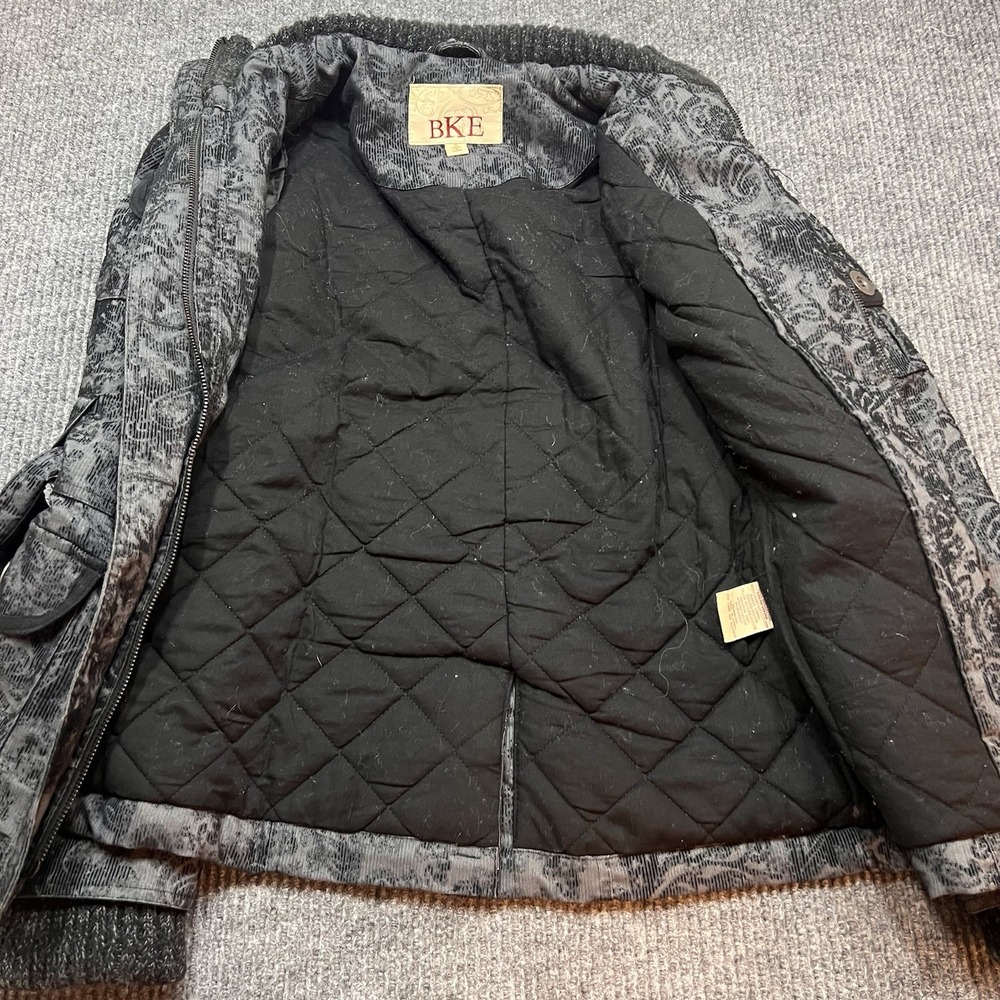 BKE Jacket Black Gray Buckle Paisley Corduroy Whimsygoth Utility Belted Lined - Picture 10 of 12